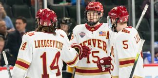 Jarid Lukosevicius (Denver-14) Ian Mitchell (Denver-15) Lester Lancaster (Denver-5) 2019 March 23 Denver and Colorado College meet in the 3rd place game of the NCHC Frozen Face Off at the Xcel Energy Center in St. Paul, MN (Bradley K. Olson)