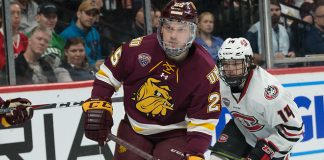 Peter Krieger (Minnesota-Duluth-25) 2019 March 23 University of Minnesota Duluth and St. Cloud State University meet in the championship game of the NCHC Frozen Face Off at the Xcel Energy Center in St. Paul, MN (Bradley K. Olson)