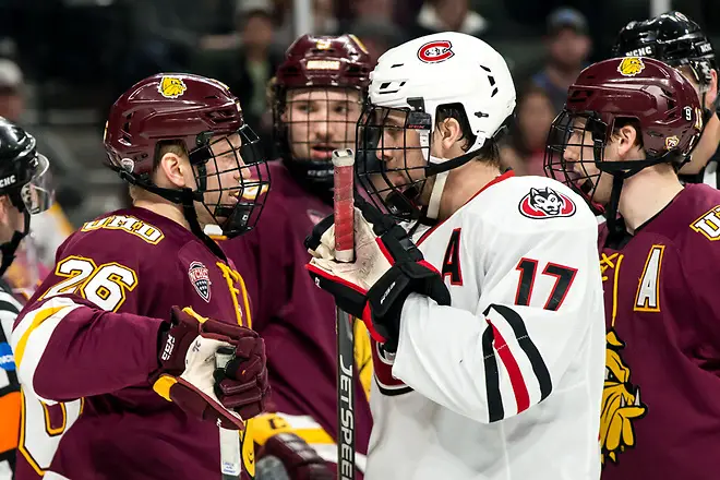 Jade Miller (Minnesota-Duluth-26) Jacob Benson (SCSU-17) Billy Exell (Minnesota-Duluth-16) 2019 March 23 University of Minnesota Duluth and St. Cloud State University meet in the championship game of the NCHC  Frozen Face Off at the Xcel Energy Center in St. Paul, MN (Bradley K. Olson)