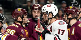 Jade Miller (Minnesota-Duluth-26) Jacob Benson (SCSU-17) Billy Exell (Minnesota-Duluth-16) 2019 March 23 University of Minnesota Duluth and St. Cloud State University meet in the championship game of the NCHC Frozen Face Off at the Xcel Energy Center in St. Paul, MN (Bradley K. Olson)