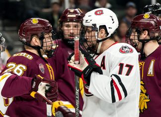 Jade Miller (Minnesota-Duluth-26) Jacob Benson (SCSU-17) Billy Exell (Minnesota-Duluth-16) 2019 March 23 University of Minnesota Duluth and St. Cloud State University meet in the championship game of the NCHC Frozen Face Off at the Xcel Energy Center in St. Paul, MN (Bradley K. Olson)