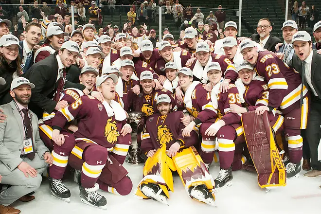 UMD Bulldogs Champions 2019 March 23 University of Minnesota Duluth and St. Cloud State University meet in the championship game of the NCHC  Frozen Face Off at the Xcel Energy Center in St. Paul, MN (Bradley K. Olson)