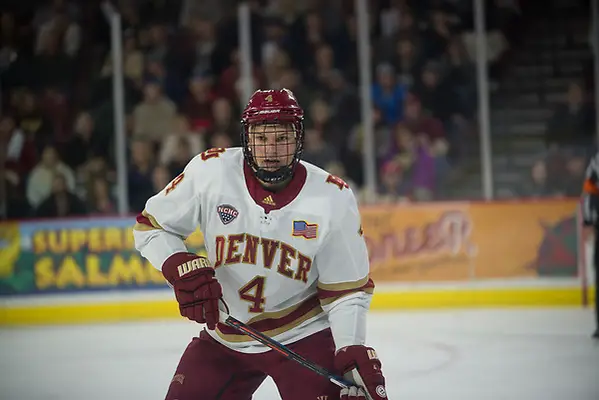 Griffin Mendel of Denver, Colorado College at Denver at Magness Arena, Jan. 19, 2019 (Candace Horgan)