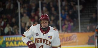 Griffin Mendel of Denver, Colorado College at Denver at Magness Arena, Jan. 19, 2019 (Candace Horgan)