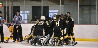 Adrian celebrates its overtime win over Elmira (Adrian Athletics)