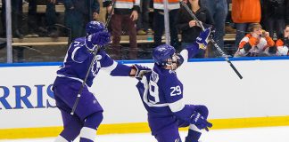 Ludwig Stenlund (29 - Niagara University) celebrates the game winner in overtime (2019 Omar Phillips)