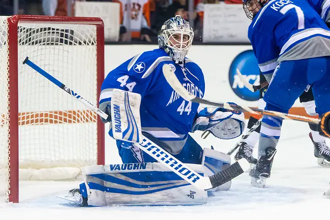 Billy Christopoulos (44 - Air Force) had 31 saves in a shutout win at RIT (2018 Omar Phillips)