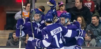 Niagara players celebrate a third period goal (2019 Omar Phillips)