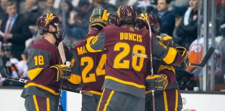 Arizona State players celebrate an early first period goal in a 6-1 win at RIT (2019 Omar Phillips)