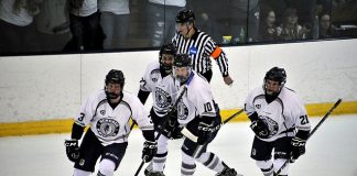 Mitch Ferguson celebrating goal against Oswego in SUNYAC title game (Angelo Lisuzzo))