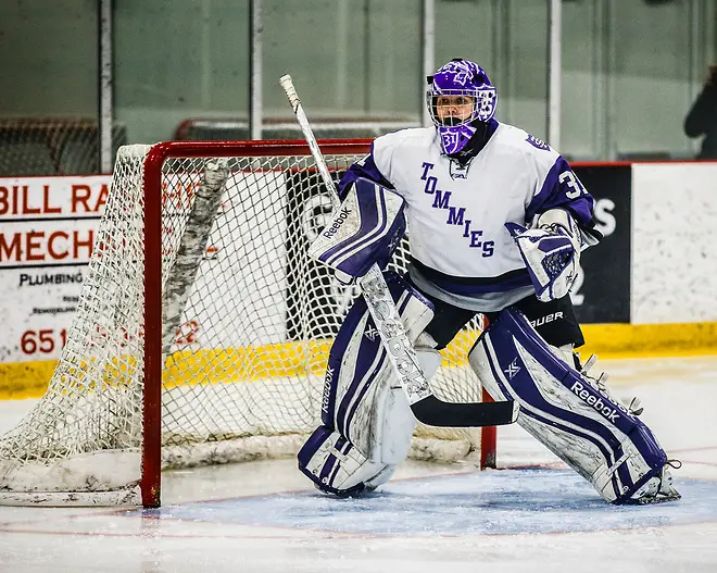 Kenzie Torpy plays goal during a women's hockey game against St. Catherine University January 20, 2017 at the St. Thomas Ice Arena in Mendota Heights. The Tommies beat the St. Kate's Wildcats 3-1. (Mike Ekern/University of St. Thomas)