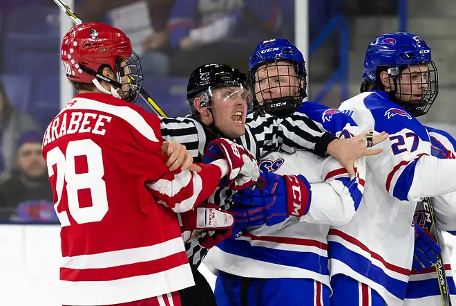 LOWELL, MA - MARCH 15: NCAA hockey during the Hockey East quarter finals at the Tsongas Center between the Boston University Terriers and the UMass-Lowell River Hawks on March 15, 2019 in Lowell, Massachusetts. (Photo by Rich Gagnon) (Rich Gagnon)