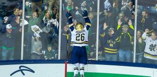 Cam Morrison celebrates his goal Saturday night that proved to be the game-winner for Notre Dame (photo: Mike Miller/Fighting Irish Media)