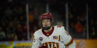 Ian Mitchell of Denver, Providence at Denver at Magness Arena, Nov. 24, 2018 (Candace Horgan)