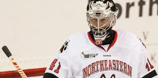 Ryan Ruck (NU - 41) The Northeastern University Huskies defeated the Bentley University Falcons 7-3 in their home opener at Matthews Arena on Saturday, October 15, 2016 in Boston, Massachusetts. (Melissa Wade)