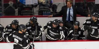 Brandon Duhaime (PC - 9) - The visiting Providence College Friars defeated the Boston University Terriers 5-0 on Friday, October 26, 2018, at Agganis Arena in Boston, Massachusetts. - The visiting Providence College Friars defeated the Boston University Terriers 5-0 on Friday, October 26, 2018, at Agganis Arena in Boston, Massachusetts. (Melissa Wade)