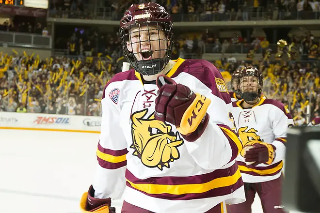 Photo By: Jim Rosvold/USCHO.com 6 Oct 17: Mikey Anderson (Minnesota Duluth - 3). The University of Minnesota Duluth Bulldogs host the University of Minnesota Golden Gophers in the 2017 Icebreaker Tournament at Amsoil Arena in Duluth, MN. (Jim Rosvold/USCHO.com)