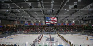 29 Mar 19: The St. Cloud State Huskies play against the American International Yellow Jackets in a 2019 West Regional semifinal matchup at Scheels Arena in Fargo, ND. (Jim Rosvold)