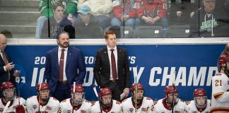 29 Mar 19: The Denver Pioneers play against the American International Yellow Jackets in the 2019 West Regional final at Scheels Arena in Fargo, ND. (Jim Rosvold)