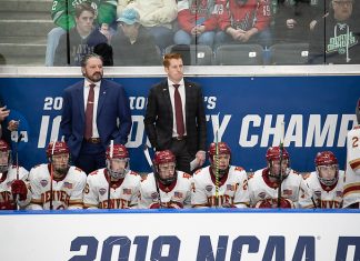 29 Mar 19: The Denver Pioneers play against the American International Yellow Jackets in the 2019 West Regional final at Scheels Arena in Fargo, ND. (Jim Rosvold)