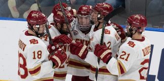 29 Mar 19: The Denver Pioneers play against the American International Yellow Jackets in the 2019 West Regional final at Scheels Arena in Fargo, ND. (Jim Rosvold)