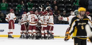 29 Mar 19: The Denver Pioneers play against the American International Yellow Jackets in the 2019 West Regional final at Scheels Arena in Fargo, ND. (Jim Rosvold)