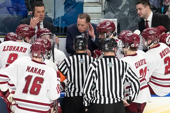 11 Apr 19:  The University of Massachusetts Minutemen play against the Denver University Pioneer in a national semifinal of the 2019 NCAA Division I Men's Frozen Four at the KeyBank Center in Buffalo, NY. (Jim Rosvold)