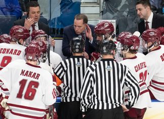 11 Apr 19: The University of Massachusetts Minutemen play against the Denver University Pioneer in a national semifinal of the 2019 NCAA Division I Men