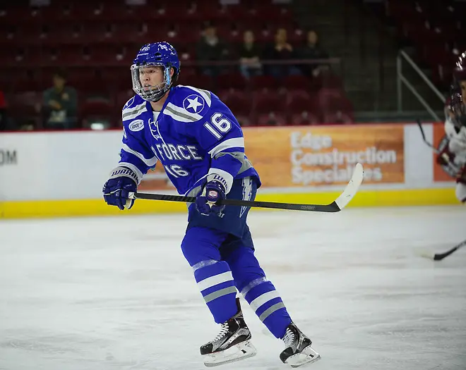 Kyle Haak of Air Force, Air Force vs. Boston College 10-7-16, Icebreaker Tournament, Magness Arena, Denver, Colorado. (Candace Horgan)