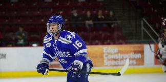 Kyle Haak of Air Force, Air Force vs. Boston College 10-7-16, Icebreaker Tournament, Magness Arena, Denver, Colorado. (Candace Horgan)