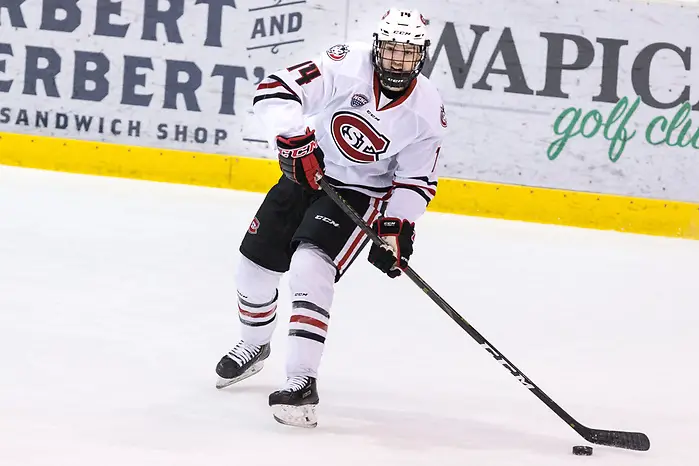 Photo By: Bradley K. Olson Patrick Newell (SCSU-14) 2018 December 8 St.Cloud State University hosts University of Nebraska Omaha in a NCHC contest at the Herb Brooks National Hockey Center (Bradley K. Olson)