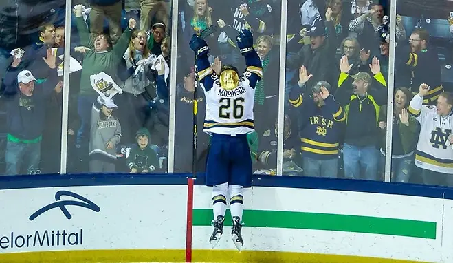 Cam Morrison celebrates his goal Saturday night that proved to be the game-winner for Notre Dame (photo: Mike Miller/Fighting Irish Media)