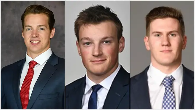 Jimmy Schuldt (SCSU), Cale Makar (UMass) and Adam Fox (Harvard) make up the 2019 Hobey Hat Trick (photos: St. Cloud State, Massachusetts, Harvard athletic departments). (Tim Brule)