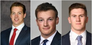 Jimmy Schuldt (SCSU), Cale Makar (UMass) and Adam Fox (Harvard) make up the 2019 Hobey Hat Trick (photos: St. Cloud State, Massachusetts, Harvard athletic departments). (Tim Brule)