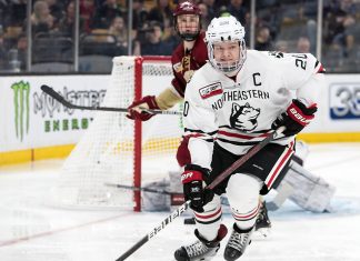 The Northeastern University Huskies defeated the Boston College Eagles 3-2 to take the 2019 Hockey East championship on Saturday, March 23, 2019, at TD Garden in Boston, Massachusetts. (Melissa Wade)