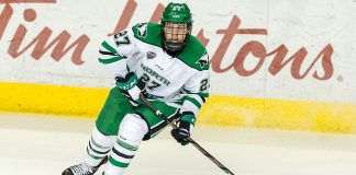 Ludvig Hoff (North Dakota-27) 2019 January 12 University of North Dakota hosts Colorado College in a NCHC matchup at the Ralph Engelstad Arena in Grand Forks, ND (Bradley K. Olson)