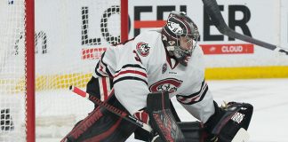 David Hrenak (SCSU-34) 2019 March 23 University of Minnesota Duluth and St. Cloud State University meet in the championship game of the NCHC Frozen Face Off at the Xcel Energy Center in St. Paul, MN (Bradley K. Olson)