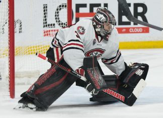 David Hrenak (SCSU-34) 2019 March 23 University of Minnesota Duluth and St. Cloud State University meet in the championship game of the NCHC Frozen Face Off at the Xcel Energy Center in St. Paul, MN (Bradley K. Olson)