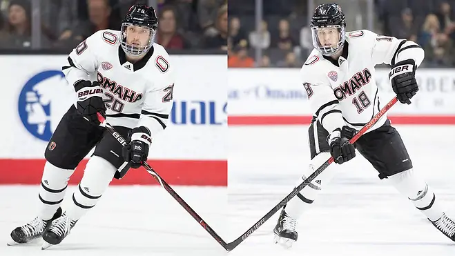 Ryan Jones (left) and Dean Stewart were Omaha's top two defenseman scorers for the Mavericks during the 2018-19 season. (photo: Omaha Athletics)