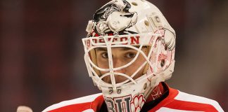 Max Prawdzik (BU - 1) The Boston University Terriers defeated the visiting Yale University Bulldogs 5-2 on Tuesday, December 13, 2016, at the Agganis Arena in Boston, Massachusetts. (Melissa Wade)