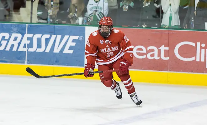 14 Nov.15 The University of North Dakota hosts Miami of Ohio in a NCHC matchup at the Ralph Engelstad Arena in Grand Forks, ND Justin Greenberg (Miami of Ohio-26) (Bradley K. Olson)