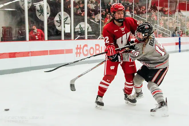 Mekenzie Steffen (Wisc - 22), Samantha Bouley (OSU - 14) The #1 Wisconsin Badgers complete the sweep over the Ohio State Buckeyes with a 5-0 win Saturday, December 10, 2016 at the OSU Ice Rink in Columbus, OH. (Rachel Lewis)