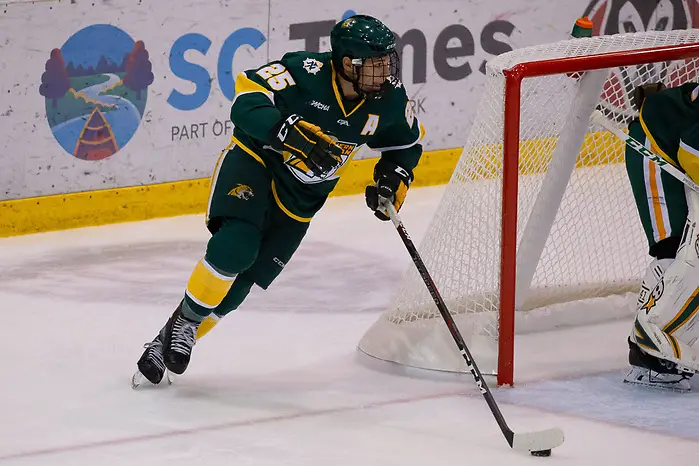 19 Oct 18: Philip Beaulieu (Northern Michigan - 25). The St. Cloud State University Huskies host the Northern Michigan University Wildcats in a non-conference matchup at the Herb Brooks National Hockey Center in St. Cloud, MN. (Jim Rosvold)