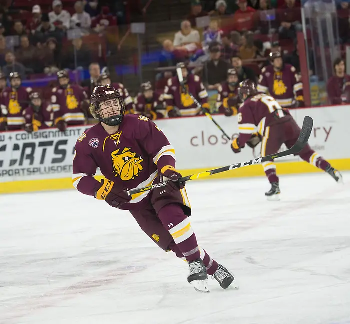 Scott Perunovich of Minnesota Duluth. Minnesota Duluth at Denver at Magness Arena, November 17, 2018. (Candace Horgan)