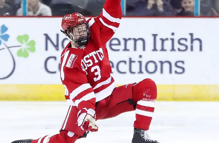 Friendship Four - Boston University v University of Connecticut Press Eye - Belfast - Northern Ireland - 23rd November 2018 - Photo by William Cherry/Presseye Boston University's Ty Amonte celebrates scoring against University of Connecticut during Friday evenings Friendship Four game at the SSE arena, Belfast. Photo by William Cherry/Presseye (©William Cherry / Presseye)
