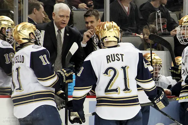 30 MAR 2013: Notre Dame Head Coach Jeff Jackson takes a timeout. Notre Dame plays St. Cloud State in the NCAA Midwest Regional at the Huntington Center in Toledo, OH.  (USCHO - Rachel Lewis) (©Rachel Lewis)