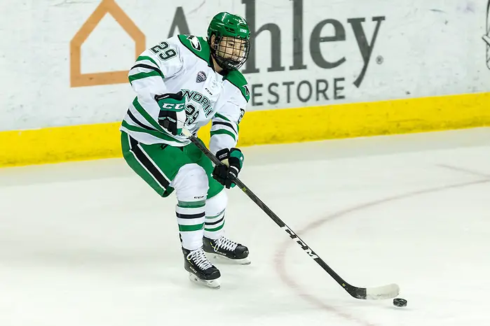 Photo By: Bradley K. Olson Jordan Kawaguchi (North Dakota-29) 2019 January 12 University of North Dakota hosts Colorado College in a NCHC matchup at the Ralph Engelstad Arena in Grand Forks, ND (Bradley K. Olson)