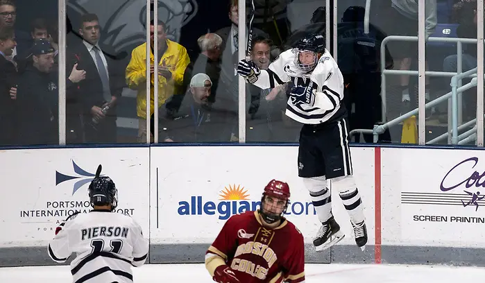 DURHAM, NH - NOVEMBER 1: Angus Crookshank #9 of the New Hampshire Wildcats celebrates as the Wildcats won 1-0 in overtime against the Boston College Eagles during NCAA men's hockey at the Whittemore Center on November 1, 2019 in Durham, New Hampshire. (Photo by Rich Gagnon/USCHO) (Rich Gagnon)