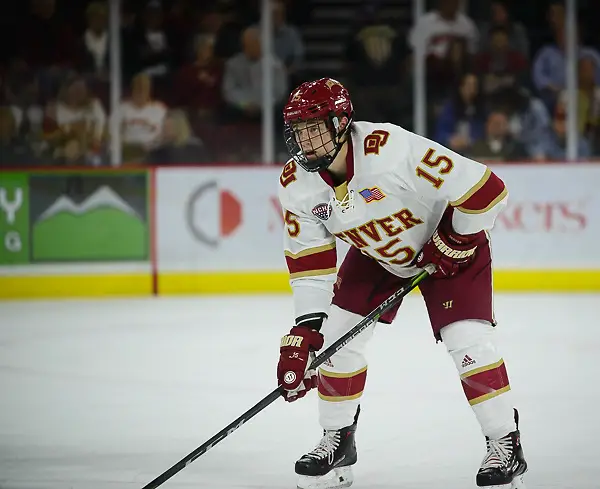 Ian Mitchell of Denver. Denver vs. Lake Superior at Magness Arena, 10/20/2017. (Candace Horgan)