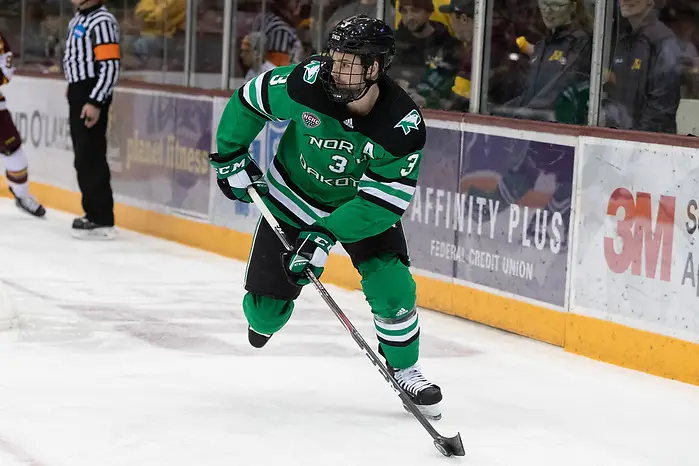 28 Nov 19: Matt Kiersted (North Dakota - 3) The University of Minnesota Golden Gopher host the University of North Dakota Fighting Hawks in a non-conference matchup at 3M Arena at Mariucci in Minneapolis, MN. (Jim Rosvold)